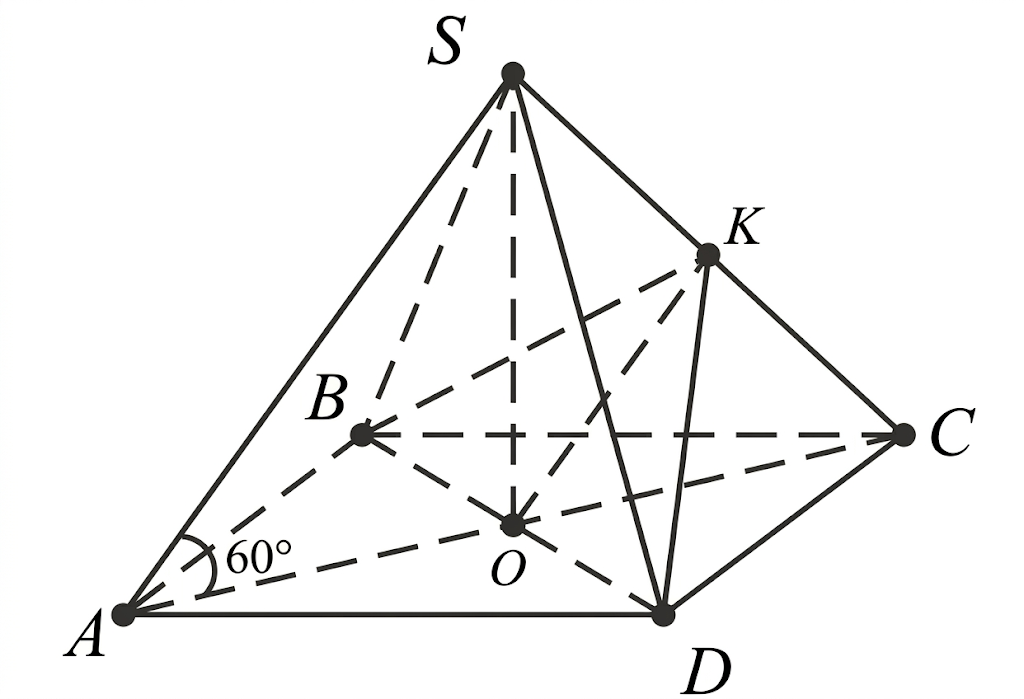 Cho hình chóp đều \(S.ABCD\) có đáy \(ABCD\) là hình vuông cạnh \(a\sqrt 2 \), biết các cạnh bên tạo với đáy một góc \(60^\circ \). Giá trị lượng giác tang của góc giữa hai mặt phẳng \(\left( (ảnh 1)