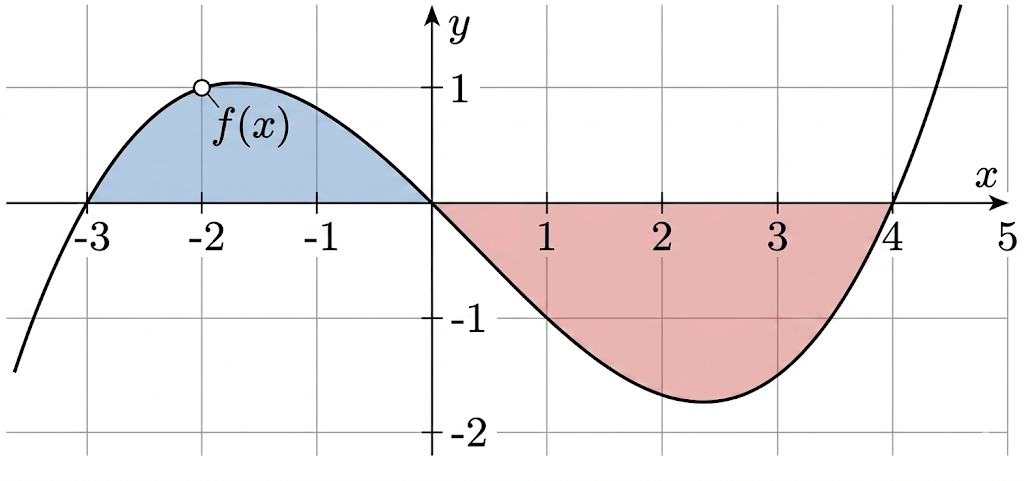 Cho đồ thị hàm số \(y = f(x)\). Diện tích hình phẳng (phần tô màu trong hình) là:
 (ảnh 1)
