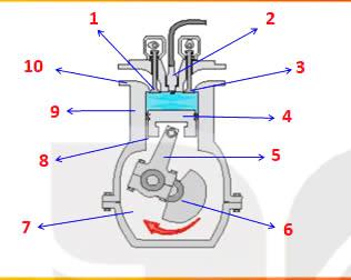 Cho sơ đồ cấu tạo động cơ đốt trong kiểu pít tông như hình:
(ảnh 1)