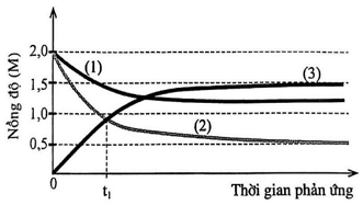 Cho phản ứng thuận nghịch sau: 2NO(g) + O2(g) ⇌ 2NO2(g)Cho biết thành phần ban đầu chỉ có NO và O2. Sự thay đổi nồng độ các chất theo thời gian phản ứng được biểu diễn bởi đồ thị t (ảnh 1)