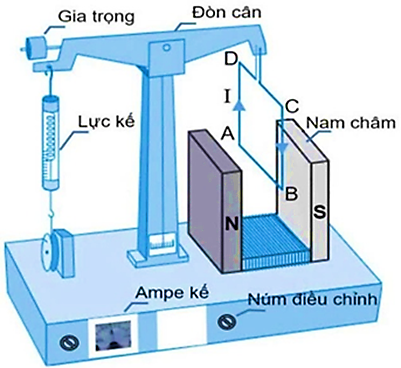 Một bạn học sinh sử dụng bộ thí nghiệm như hình bên dưới để xác định độ lớn cảm ứng từ giữa hai nhánh của nam châm điện hình chữ U.

Khung dây dẫn ABCD có đoạn AB = 4 cm được đặt nằm ngang tr (ảnh 1)
