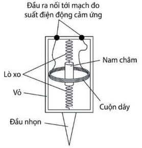 Sơ đồ hình bên mô tả các bộ phận chính của một máy đo rung chấn kiểu cảm ứng. Đầu ra nối tới mạch đo suất điện động cảm ứng. Đầu nhọn của máy đo rung chấn gắn chặt vào mặt đất. Ngay khi xảy r (ảnh 1)