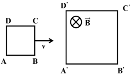 Một khung dây dẫn kín phẳng hình vuông ABCD cạnh   a =   10 cm gồm 200 vòng, có điện trở   2 , 5 Ω  . Khoảng không gian hình hộp chữ nhật có đáy   A    ′   B    ′   C     (ảnh 1)