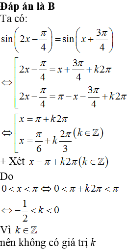 Cho phương trình sin(2x-pi/4)=sin(x+3pi/4) Tính tổng các nghiệm thuộc khoảng (0;pi) (ảnh 1)