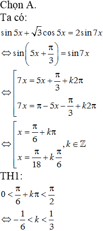 Số nghiệm của phương trình sin5x + căn 3 cos5x = 2.sin7x trên khoảng (0;pi/2) (ảnh 1)