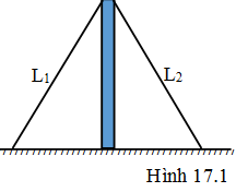 Một cây cột đồng chất khối lượng m được giữ bởi hai sợi dây L1, L2 (ảnh 1)