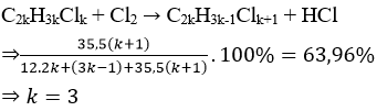 Clo hoá PVC thu được 1 polime chứa 63,96% clo về khối lượng, trung bình (ảnh 1)