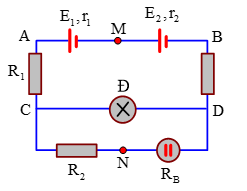 Cho mạch điện như hình vẽ. Trong đó E1 = 6 V; E2 = 2 V; r1 = r2  = 0,4 (ảnh 1)
