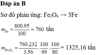 Để luyện được 800 tấn gang có hàm lượng sắt 95% cần dùng x tấn quặng manhetit chứa 80% Fe3O4   (còn lại là (ảnh 1)