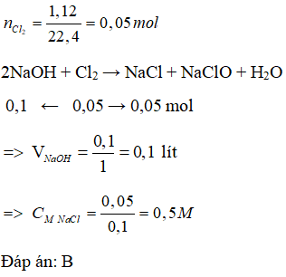 Cho dung dịch NaOH 1M để tác dụng vừa đủ với 1,12 lít khí clo (đktc). Nồng độ mol của muối natri clorua thu được là (ảnh 1)