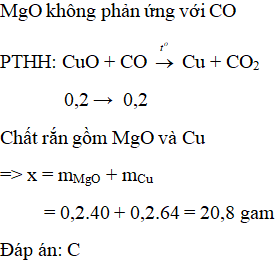 Cho khí CO dư đi qua ống chứa 0,2 mol MgO và 0,2 mol CuO nung nóng đến phản ứng hoàn toàn, thu được x gam chất rắn. Giá trị của x là (ảnh 1)