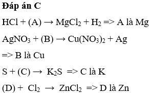 Có các phản ứng sau:  a. HCl + (A) → MgCl2 + H2 b. AgNO3 + (B) → Cu(NO3)2 + Ag S+ (C)= K2S (ảnh 2)