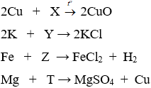 Cho các phương trình phản ứng 2Cu + X + nhiệt độ tạo thành 2CuO  2K+Y= 2KCl   Fe+Z= FeCl2+ H2 (ảnh 1)