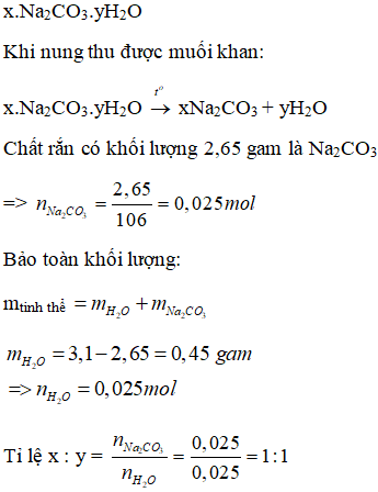 Hãy xác định công thức hóa học của muối natri cacbonat ngậm nước biết rằng khi nung 3,1 gam tinh thể này (ảnh 1)