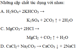 Hãy cho biết trong các cặp chất sau đây, cặp nào không thể tác dụng với nhau?  A. H2SO4 và  KHCO3  (ảnh 1)
