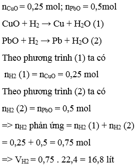 Thể tích khí hiđro (đktc) cần dùng để khử hoàn toàn hỗn hợp gồm 20 g CuO và 111,5g PbO là: (ảnh 1)