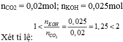 Dẫn 448 ml CO2 (đktc) sục vào bình chứa 100 ml dung dịch KOH 0,25M. Khối lượng hai muối tạo thành là (ảnh 1)