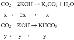 Dẫn 448 ml CO2 (đktc) sục vào bình chứa 100 ml dung dịch KOH 0,25M. Khối lượng hai muối tạo thành là (ảnh 2)