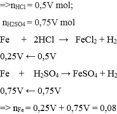 Để hoà tan vừa hết 4,48 gam Fe phải dùng bao nhiêu ml dung dịch hỗn hợp HCl 0,5M và  H2SO4 0,75M? (ảnh 1)