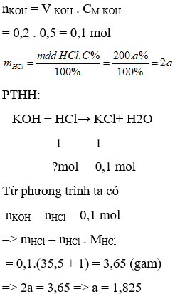 Trung hoà hoàn toàn 200 ml dung dịch KOH 0,5M bằng 200 gam dung dịch HCl a%. Nồng độ phần trăm của (ảnh 1)