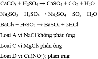 Dãy muối tác dụng với dung dịch axit sunfuric loãng là: A. Na2CO3, Na2SO3 NaCl B. CaCO3, Na2So3, BaCl2 (ảnh 1)