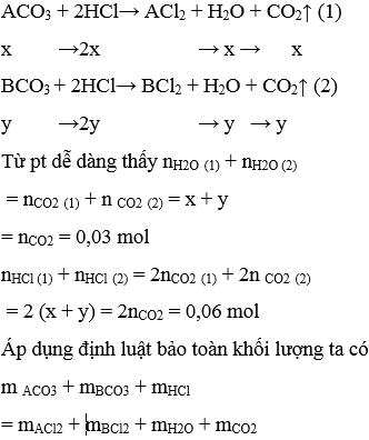 Cho 1,84g hỗn hợp 2 muối ACO3 và BCO3 tác dụng hết với dung dịch HCl thu được 0,672 lít CO2 ở đktc và dung dịch X. (ảnh 2)