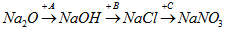 Cho dãy chuyển hóa sau: Na2O->  NaOh-> NaCl->  NaNO3 Các chất A, B, C trong dãy trên lần lượt là: (ảnh 1)