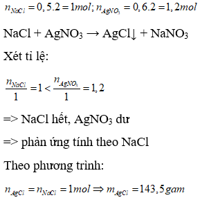 Cho 500 ml dung dịch NaCl 2M tác dụng với 600 ml dung dịch AgNO3 2M. Khối lượng kết tủa thu được là (ảnh 1)