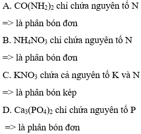 Trong các loại phân sau, phân nào là phân bón kép? A. CO(NH2)2  B. NH4NO3  C. KNO3    D. Ca3( PO4)2 (ảnh 1)