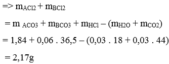 Cho 1,84g hỗn hợp 2 muối ACO3 và BCO3 tác dụng hết với dung dịch HCl thu được 0,672 lít CO2 ở đktc và dung dịch X. (ảnh 3)