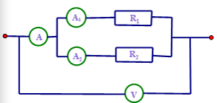 Cho mạch điện có sơ đồ như hình bên  trong đó điện trở R1 = 52,5 . Vôn kế chỉ 84V. Ampe kế A chỉ 4,2A. Điện trở R2 = ? (ảnh 1)