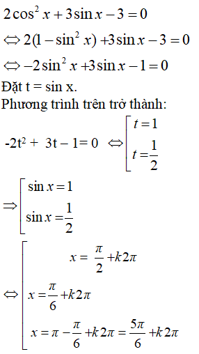 Nghiệm của phương trình 2 cos^2 x + 3 sinx - 3 = 0 thuộc (0;pi/2): A. x = pi/3 B. x = pi/4 C. x = pi/6 D. x = 5pi/6 (ảnh 1)