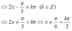Tập xác định của hàm số y = cot(2x - pi/3) + 2 là: A. R\{pi/6+kpi, k thuộc Z} B. R\{pi/6+k2pi, k thuộc Z} C. R\{5pi/12+kpi/2, k thuộc Z} D. R\{pi/6+kpi/2, k thuộc Z}. (ảnh 1)