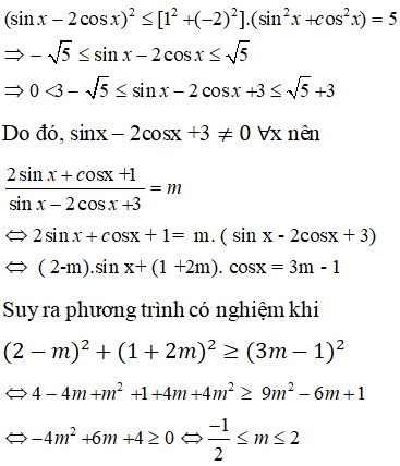 Phương trình (2sinx + cosx + 1)/(sinx - 2cosx + 3) = m có nghiệm khi: (ảnh 1)