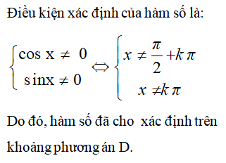 Cho hàm số y = tanx – cotx. Khoảng mà hàm số xác định là: A.(0;2)\{pi/2} B. (0;2pi) (ảnh 1)