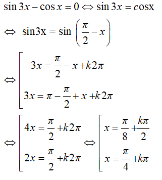 Nghiệm của phương trình sin3x – cosx = 0 là: A.x = pi/8 + kpi, k thuộc Z B.x=pi/4+k2pi, k thuộc Z (ảnh 1)