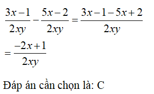 Kết quả của phép tính (3x - 1)/2xy - (5x - 2)/2xy là A. -2x-1/ 2xy B. -2x+1/ xy (ảnh 1)