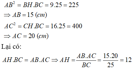 Cho tam giác ABC vuông tại A, đường cao AH. Biết BH = 9cm; CH = 16cm Tìm khẳng định sai (ảnh 1)