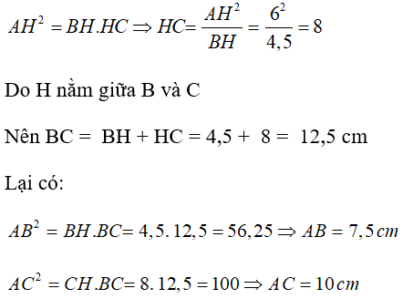 Cho tam giác ABC vuông tại A, đường cao AH. Biết AH = 6cm; BH = 4,5 cm Tìm khẳng định đúng (ảnh 1)
