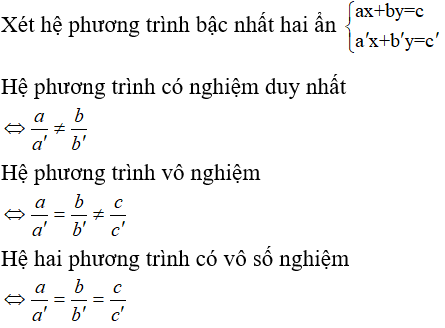 Hệ phương trình ax+by=c và a'x+b'y=c' có nghiệm duy nhất khi  A. a/a' khác b/ b' (ảnh 1)