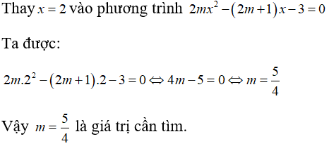 Tìm m để phương trình 2mx^2 - (2m + 1)x - 3 = 0 có nghiệm là x = 2  A. m= -5/ 4  B. m= 1/ 4 (ảnh 1)