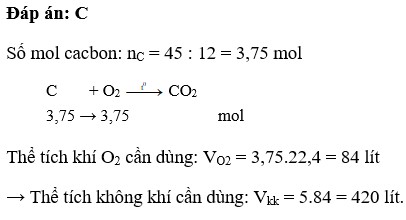 Đốt cháy hoàn toàn 45g cacbon cần dùng V lít không khí (đktc) Biết  Vkk= 5VO2 và sản phẩm tạo thành chỉ có (ảnh 1)