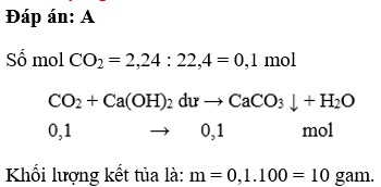 Cho 2,24 lít CO2 (đktc) tác dụng với dung dịch Ca(OH)2 dư Khối lượng chất kết tủa thu được là (ảnh 1)