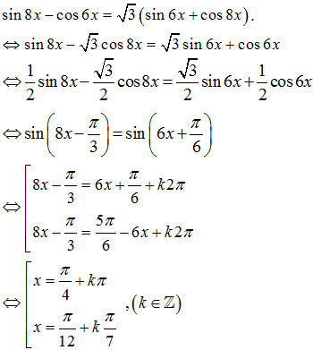Phương trình sin8x - cos6x =căn 3 (sin6x + cos8x) có các họ nghiệm là: (ảnh 1)