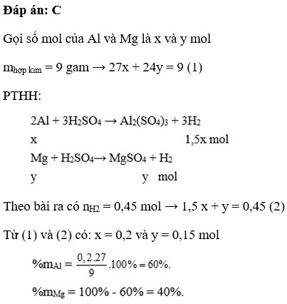 Hoà tan 9 g hợp kim nhôm – magiê vào dung dịch H2SO4 dư thu được 10,08 lít khí  (H2 đktc). Thành phần % (ảnh 1)