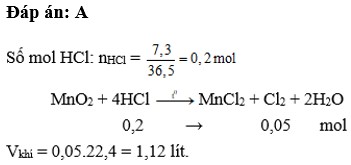 Cho dung dịch axit có chứa 7,3 gam HCl tác dụng với MnO2 dư. Thể tích khí clo sinh ra (đktc) là (ảnh 1)