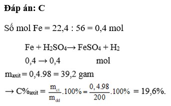 Cho 22,4g Fe tác dụng vừa đủ với 200g dung dịch H2SO4 loãng Nồng độ % của dung dịch axít đã phản ứng là (ảnh 1)