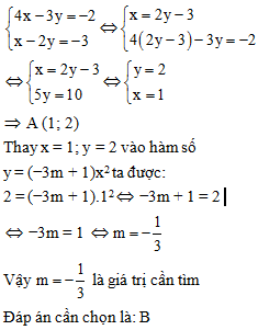 Cho hàm số y = (−3m + 1) x^2. Tìm m để đồ thị hàm số đi qua điểm A (x; y) với (x; y) là nghiệm của hệ phương trình (ảnh 1)