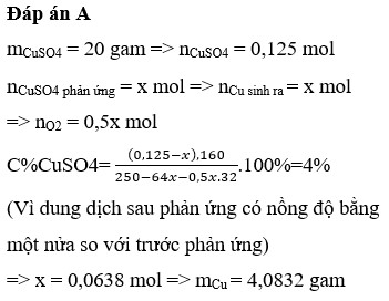 Điện phân 250 gam dung dịch CuSO4 8% đến khi nồng độ CuSO4 trong (ảnh 1)