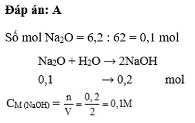 Hòa tan 6,2 gam Na2O vào nước được 2 lít dung dịch. Nồng độ mol của dung dịch thu được là (ảnh 1)